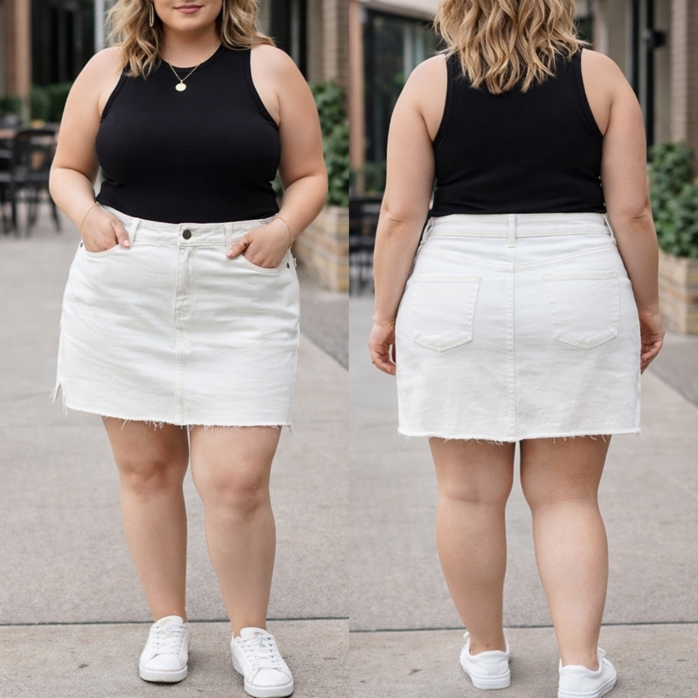 Old Navy High-Rise White Denim Skirt – Size 16 – Secret-Smooth Pockets – Raw Hem